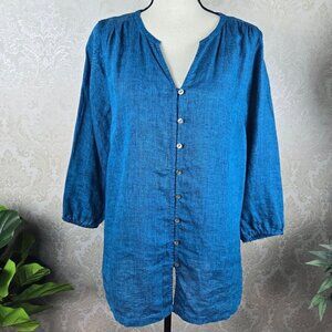 PureJill Linen Size Medium Turquoise Button Down Blouse Split V-neck 3/4 Sleeves